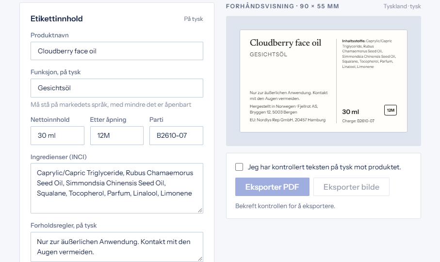 The label generator with a German label preview